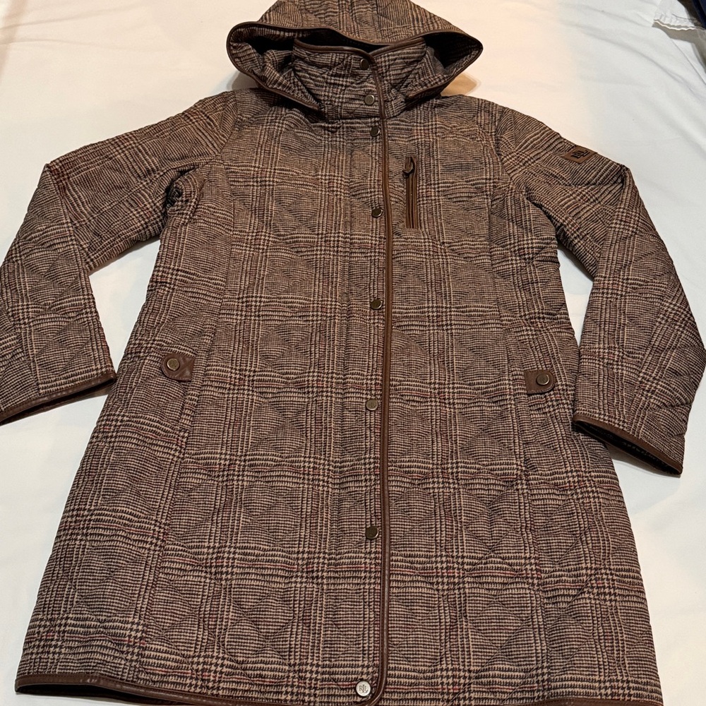 Lauren Ralph Lauren Brown Plaid Hooded Quilted Jacket M - Picture 2 of 14